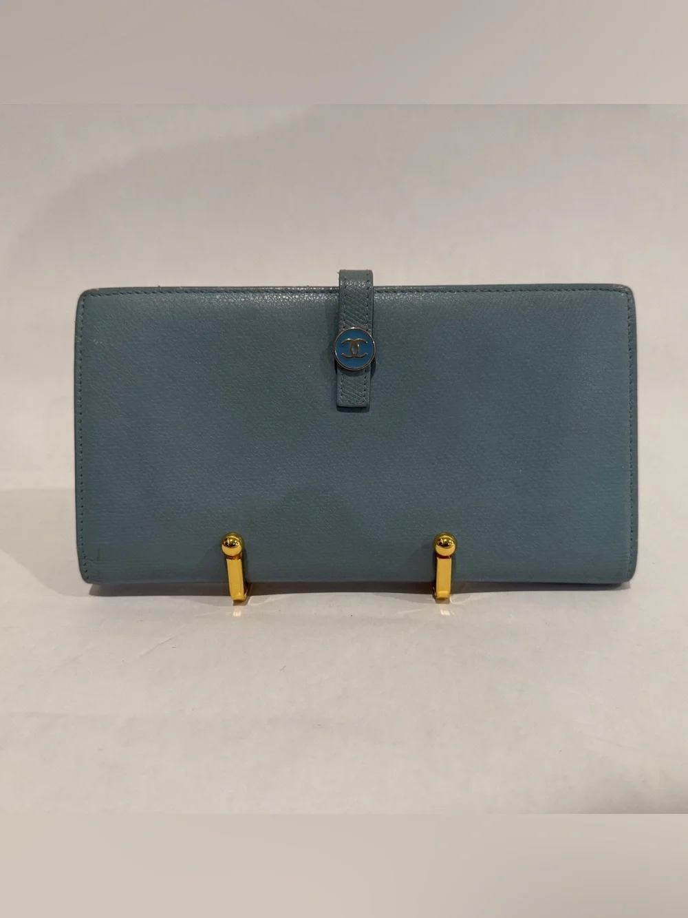 CHANEL Teal Blue Leather Snap Wallet with Gold Hardware